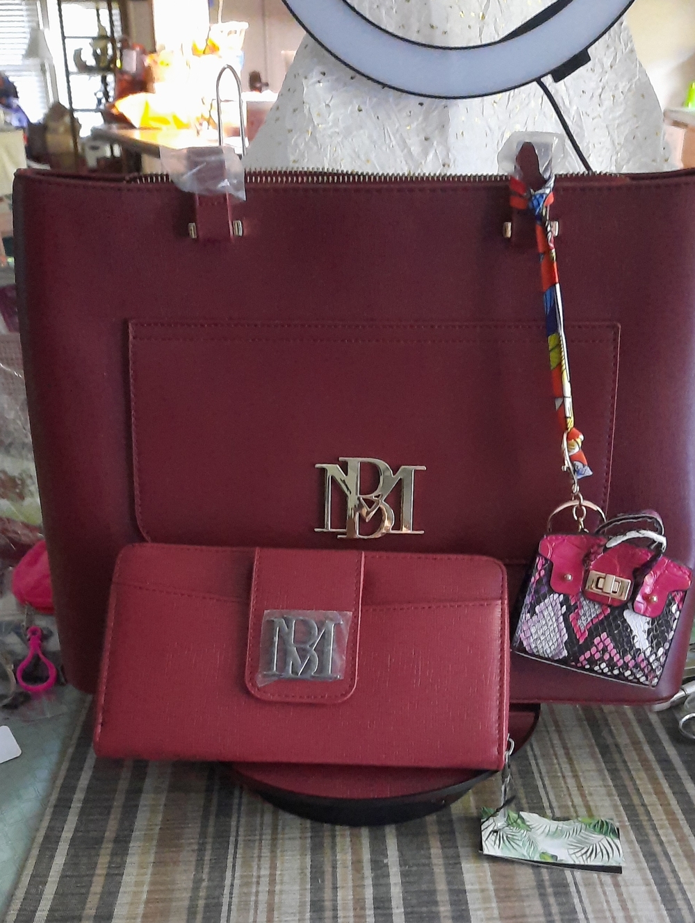 Badgley Mischka Burgundy Tote with Matching Wallet and Pink Snake-Print Charm